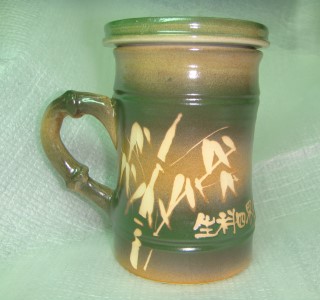 HG2302   手拉胚鶯歌陶瓷杯 手拉竹子杯   綠色 竹杯